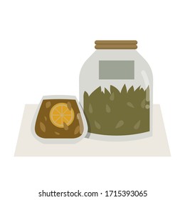 A can with tea leaves and a glass with tea and fresh lemon. Vector hand-drawn illustration. Isolated on white background