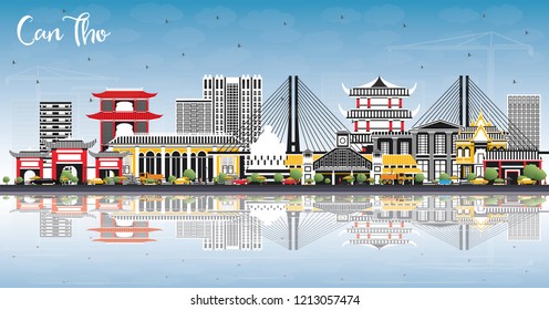 Can Tho Vietnam City Skyline with Gray Buildings, Blue Sky and Reflections. Vector Illustration. Business Travel and Tourism Concept with Historic Architecture. Can Tho Cityscape with Landmarks.