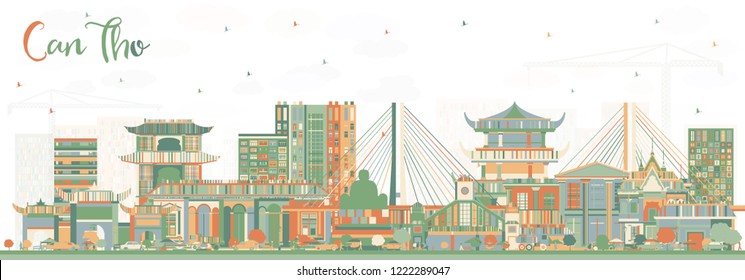 Can Tho Vietnam City Skyline con Edificios de Color. Ilustración vectorial. Concepto de viajes de negocios y turismo con arquitectura histórica. Can Tho Cityscape con monumentos.