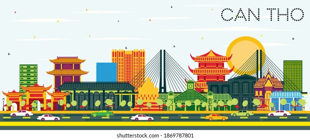 Can Tho Vietnam City Skyline with Color Buildings and Blue Sky. Vector Illustration. Business Travel and Tourism Concept with Historic Architecture. Can Tho Cityscape with Landmarks.