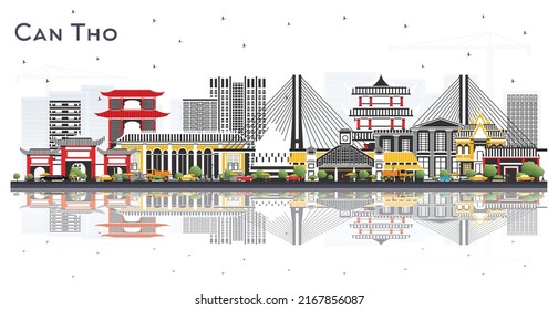 Can Tho Vietnam City Skyline with Gray Buildings and Reflections Isolated on White. Vector Illustration. Travel and Tourism Concept with Historic Architecture. Can Tho Cityscape with Landmarks.