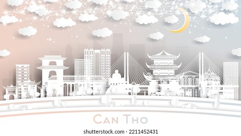 Can Tho Vietnam City Skyline in Paper Cut Style with White Buildings, Moon and Neon Garland. Vector Illustration. Travel and Tourism Concept. Can Tho Cityscape with Landmarks.