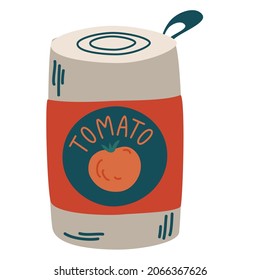 Can of tomato sauce. Healthy vegetarian food. For the design of recipes, menus, culinary blogs, stationery. Vector cartoon illustration. Isolate on a white background.