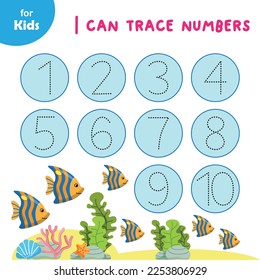 I can trace the numbers. Educational game for kids. nautical style workbook