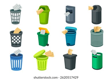 Can trash vector cartoon set icon. Vector illustration garbage basket