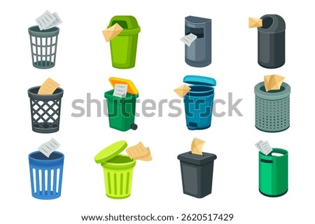 Can trash vector cartoon set icon. Vector illustration garbage basket