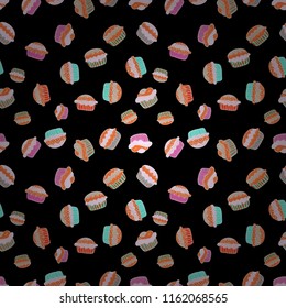 Can use for birthday card, the children menu, packaging, textiles, fabrics, wallpaper. Vector. Seamless pattern with sweets - ice cream, cupcakes isolated on cute black, orange and neutral background.