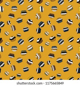 Can use for birthday card, the children menu, packaging, textiles, fabrics, wallpaper. Vector sketch. Isolated in yellow, gray and white colors. Seamless pattern with sweets - ice cream, cupcakes.