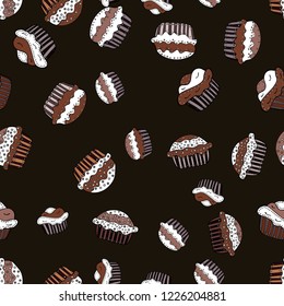 Can use for birthday card, the children menu, packaging, textiles, fabrics, wallpaper. Isolated in gray, white and brown colors. Vector illustration. Seamless pattern with sweets - ice cream, cupcakes