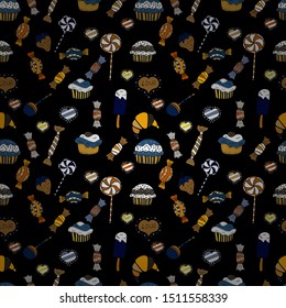Can use for birthday card, the children menu, packaging, textiles, fabrics, wallpaper. Seamless pattern with sweets - ice cream, cupcakes isolated on cute black, white and blue background. Vector.