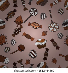 Can use for birthday card, the children menu, packaging, textiles, fabrics, wallpaper. Seamless pattern with sweets - ice cream, cupcakes. Isolated in neutral, brown and black colors. Vector design.