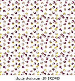 Can use for birthday card, the children menu, packaging, textiles, fabrics, wallpaper. Vector sketch. Isolated in purple, black and white colors. Seamless pattern with sweets - ice cream, cupcakes.