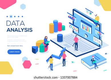 Can use for web banner, infographics, header images. Data analysis concept with characters vector illustration. Flat isometric isolated on white background. 
