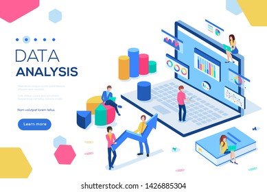 Can use for web banner, infographics, header images. Data analysis concept with characters vector illustration. Flat isometric isolated on white background. 