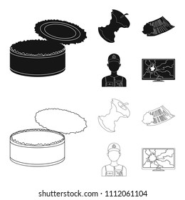Can used used pot, apple stub, old dirty and wrinkled newspaper, the man who takes out the garbage.Garbage and trash set collection icons in black,outline style vector symbol stock illustration web.