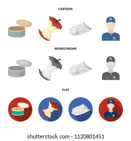 Can used used pot, apple stub, old dirty and wrinkled newspaper, the man who takes out the garbage.Garbage and trash set collection icons in cartoon,flat,monochrome style vector symbol stock