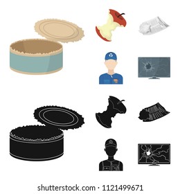 Can used used pot, apple stub, old dirty and wrinkled newspaper, the man who takes out the garbage.Garbage and trash set collection icons in cartoon,black style vector symbol stock illustration web.