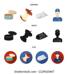 Can used used pot, apple stub, old dirty and wrinkled newspaper, the man who takes out the garbage.Garbage and trash set collection icons in cartoon,black,flat style vector symbol stock illustration