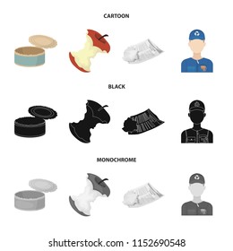 Can used used pot, apple stub, old dirty and wrinkled newspaper, the man who takes out the garbage.Garbage and trash set collection icons in cartoon,black,monochrome style vector symbol stock
