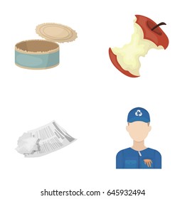 Can used used pot, apple stub, old dirty and wrinkled newspaper, the man who takes out the garbage.Garbage and trash set collection icons in cartoon style vector symbol stock illustration web.