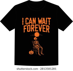 I Can Wait Forever Halloween T-Shirt Design with Skeleton Sitting on Chair Under a Moon and Pumpkin Graphic