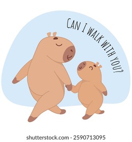 Can I walk with you, capybaras walking, mother and baby, hand in hand, walking, funny capybaras, family, rest, walk, stroll, raising a child, mother, capybara sticker, family, child, happy childhood