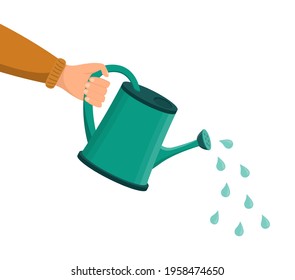 Can with water for watering of plant. Pitcher with water in hand for sprinkle of garden. Hand holding equipment for growth of flower. Jar or jug for horticulture. Sprinkler for watering. Vector.