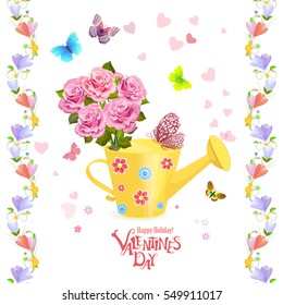 can watering with bouquet of roses and flying butterflies for your design. seamless floral borders. invitation card