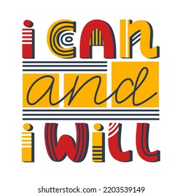 Puedo y lo haré. Cita de letras vectoriales dibujada a mano brillante.  frase positiva, motivadora, inspiradora aislada en un fondo blanco