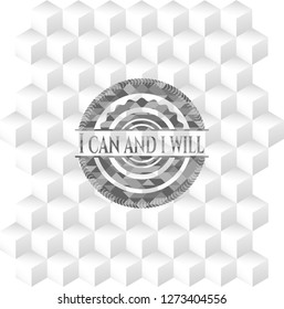 I can and i will grey emblem. Retro with geometric cube white background