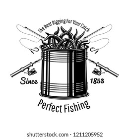 Can with worms fishing rig with crossed fishing rods in engraving style. Logo for fishing or fishing shop on white