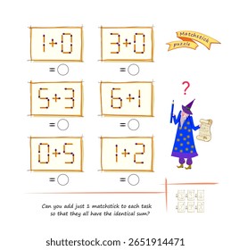 Você pode adicionar apenas 1 matchstick para cada tarefa para que todos eles tenham a soma idêntica? Jogo de quebra-cabeça lógico com fósforos. Exercícios sobre adição. Livro de provocação cerebral. Ilustração vetorial. Jogo educativo.