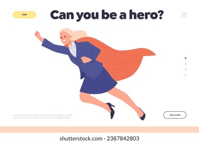 Can you be hero landing page template with businesswoman in red cloak flying upward design