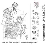 Can you find 10 objects hidden in the picture? Logic puzzle game for children and adults. Illustration of a boy and a girl fishing on a lake. Educational page for kids. Black and white vector drawing
