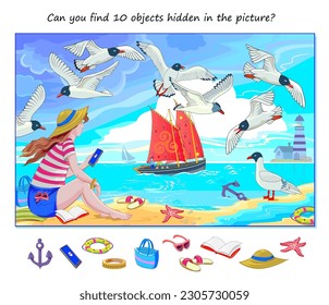 Can you find 10 objects hidden in the picture? Logic puzzle game for children and adults. Girl is sitting on the seashore. Educational page. Play online. Task for attentiveness. Vector cartoon image.