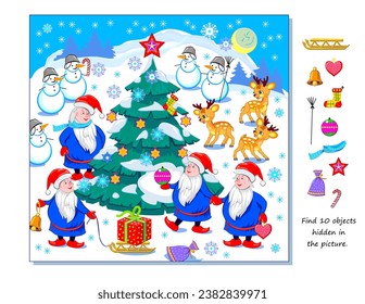 ¿Puedes encontrar 10 objetos ocultos en la foto? Juego de rompecabezas lógico para niños y adultos. Ilustración de Santa Clauses celebrando Navidad en el bosque invernal. página Educación. Vector plano de dibujos animados.