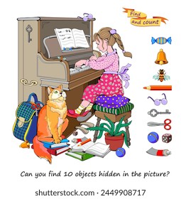 Can you find 10 objects hidden in the picture? Logic puzzle game for children and adults. Illustration of little girl playing piano. Educational page for kids. Flat cartoon vector drawing.