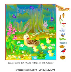 Kannst du 10 Objekte finden, die im Bild versteckt sind? Logik-Puzzle-Spiel für Kinder und Erwachsene. Illustration einer Ente und ihrer Babys in einem Waldsee. Bildung für Kinder. Vektorgrafik zeichnen.