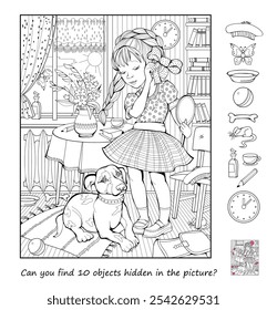 ¿Puedes encontrar 10 objetos escondidos en la imagen? Juego de puzzle de lógica. Ilustración de una niña que se viste para pasear a su perro. Página para niños libro de bromista cerebral. Dibujo de Vector en blanco y negro.