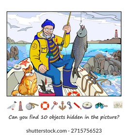 ¿Puedes encontrar 10 objetos escondidos en la imagen? Yo espío juegos. Rompecabezas de lógica para niños y adultos. Dibujo del pescador divertido en un barco de pesca. Página de Educación para niños. Ilustración vectorial dibujada a mano