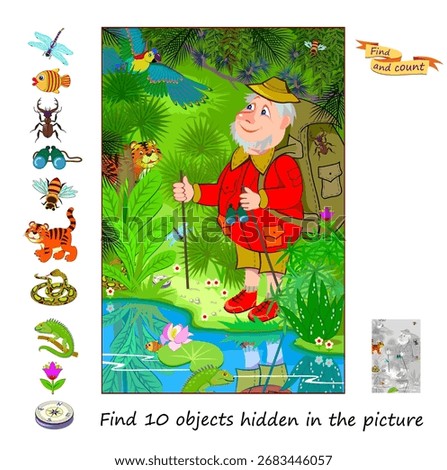 Can you find 10 objects hidden in the rain forest? I spy game. Logic puzzle for children and adults. Illustration of the tourist walking in the jungle. Education page for kids. Flat vector drawing.