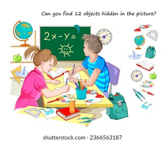 Can you find 12 objects hidden in the picture? Logic puzzle game for children and adults. Illustration of happy children studying mathematics in school. Education page for kids. Flat cartoon vector.