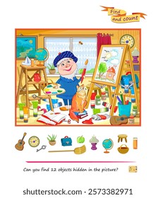 Can you find 12 objects hidden in the picture? Logic puzzle. Search and find  game. Illustration of a funny artist painting in his art studio. Page for kids brain teaser book. Flat vector drawing.