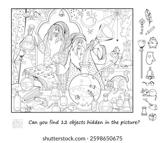 Can you find 12 objects hidden in the picture? Logic puzzle game. Illustration of the funny wizards practicing alchemy in a magic lab. Brain teaser book. Coloring book. Black and white vector drawing