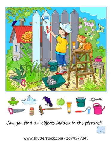 Can you find 12 objects hidden in the picture? Logic puzzle for smartest. Search and find game. Drawing of a boy working in garden. Page for kids brain teaser book. Hand drawn vector illustration.
