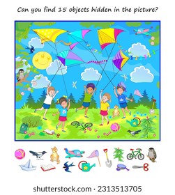 ¿Puedes encontrar 15 objetos ocultos en la foto? Juego de rompecabezas lógico para niños y adultos. Niños felices jugando y volando cometas. Página educativa. Tarea de atención. Imagen de la caricatura vectorial.