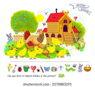 Can you find 15 objects hidden in the picture? Logic puzzle for children and adults. Illustration of spring Easter garden. I spy game. Search and find. Education page for kids. Flat vector drawing.