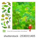 Can you find 16 animals hidden in the rain forest? Logic puzzle for children and adults. Illustration of the jungle and its inhabitants. I spy game. Education page for kids. Flat vector drawing.