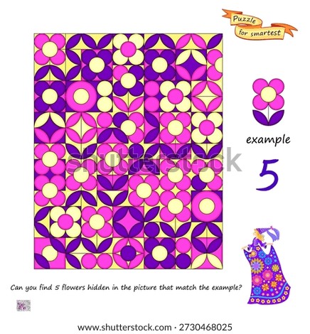 Can you find 5 flowers hidden in the picture that match the example? Logic puzzle game for children and adults. Game Seek and Find. Task for attentiveness. Brain teaser book. Hand drawn vector image.