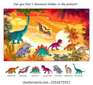 Can you find 7 dinosaurs hidden in the picture? Logic puzzle game for children and adults. Extinct prehistoric Jurassic animals. Educational page. Task for attentiveness. Vector cartoon image.